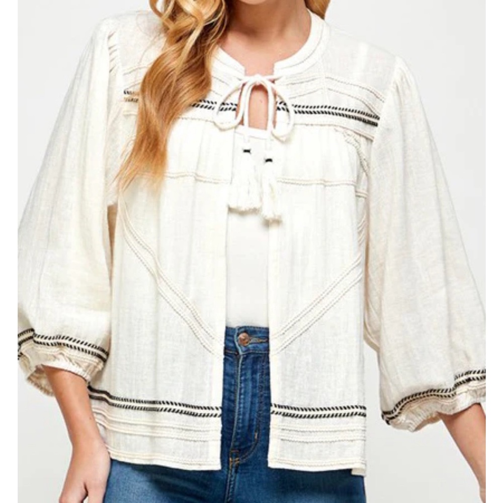 Women's Cream Tie Top with Black Accents